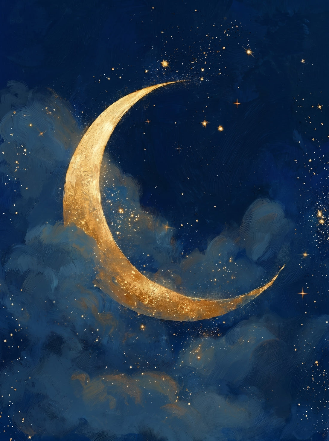Tableau chambre enfant Lune dorée - Veilleur nocturne apaisant bleu et or