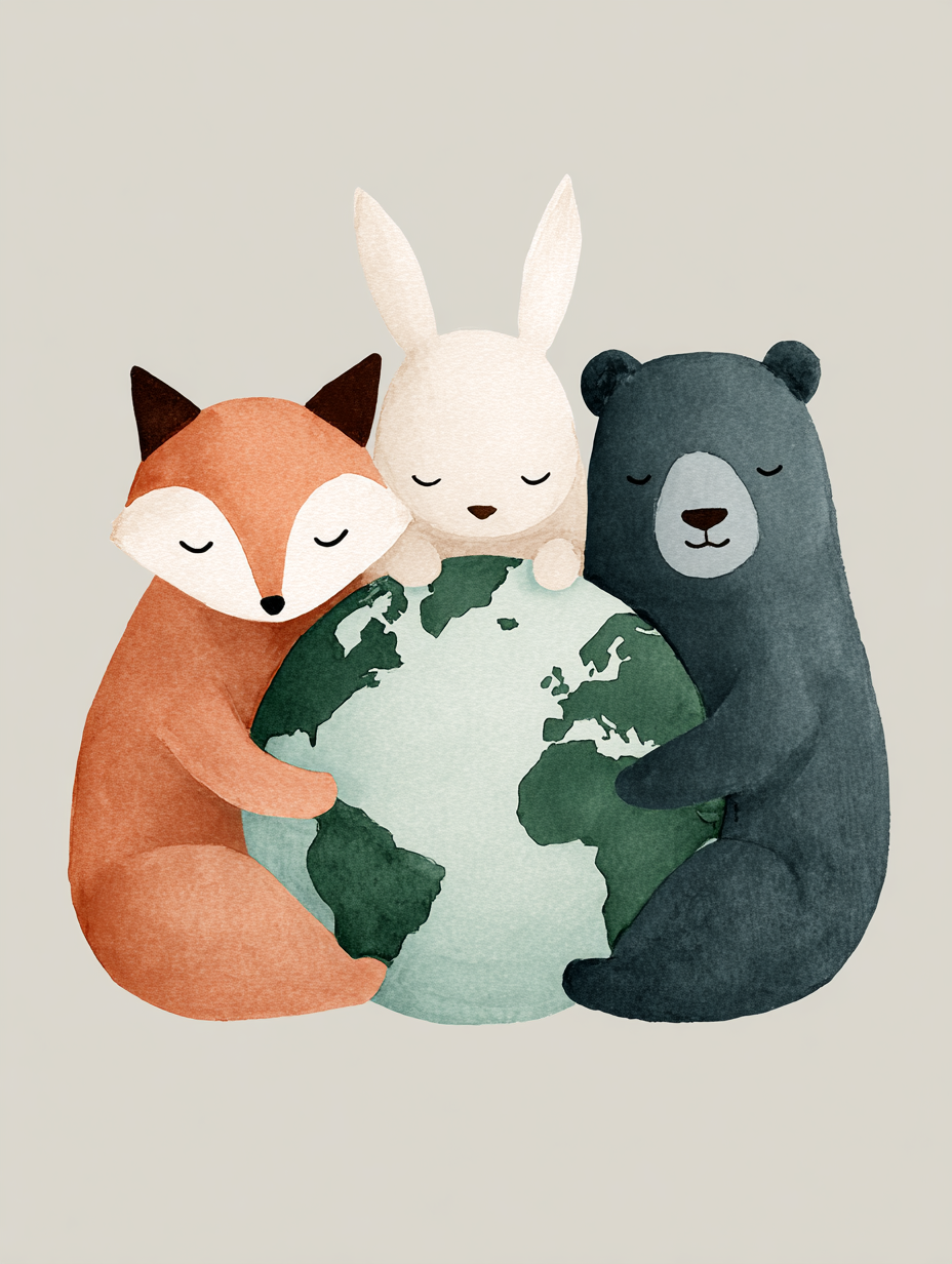 Tableau chambre enfant Trois animaux gardiens - Renard lapin ours et globe terrestre