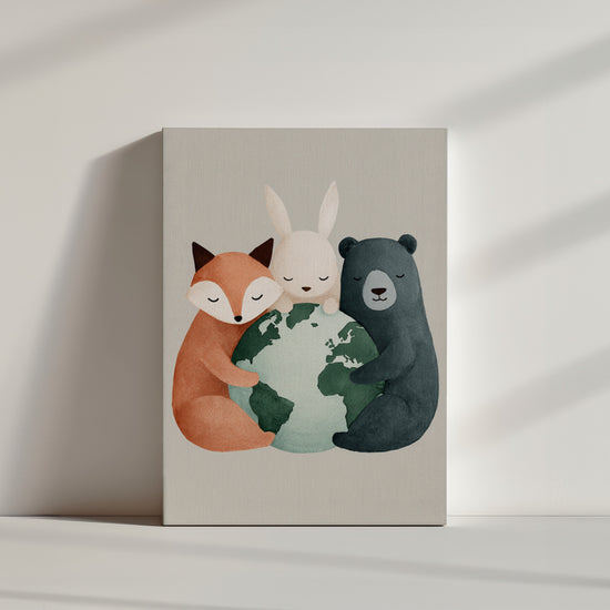Tableau enfant renard lapin ours globe terrestre aquarelle décoration chambre ambiance lumineuse