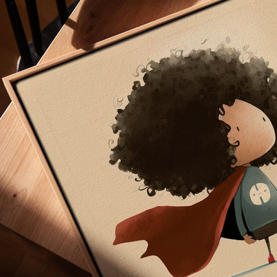 Enfant super-héros cape rouge tableau pour salon minimaliste