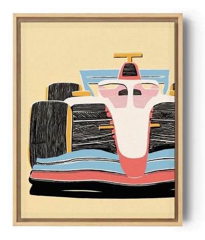 Children’s F1 car print in coral pink and blue on a beige background