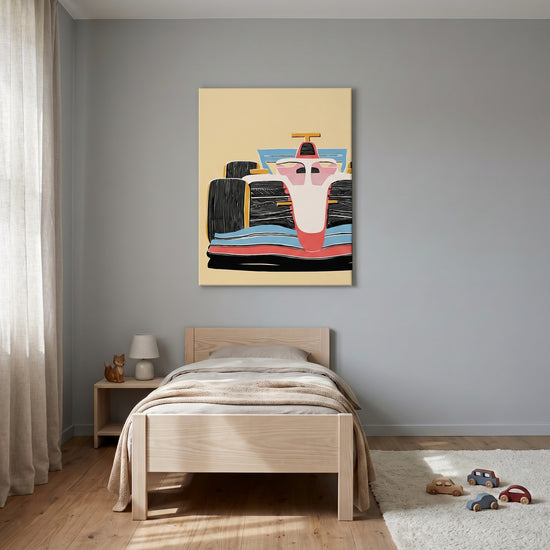 Tableau enfant voiture F1 stylisée rose corail bleu décoration chambre garçon moderne
