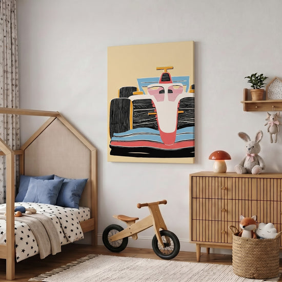 Tableau enfant voiture F1 rose corail et bleu décoration chambre garçon style graphique pastel