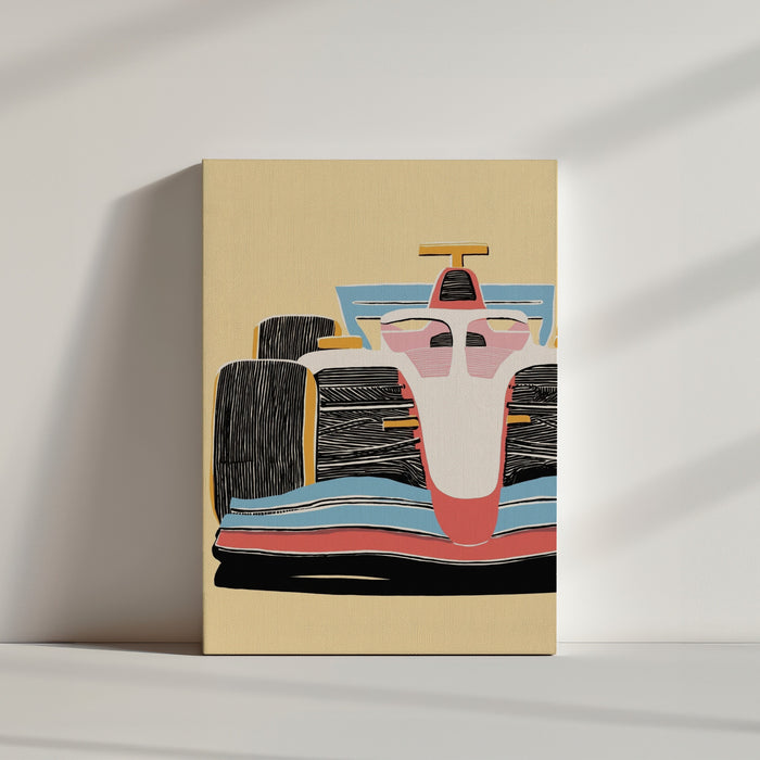 Tableau enfant voiture F1 rose corail et bleu dans ambiance minimaliste épurée chambre moderne