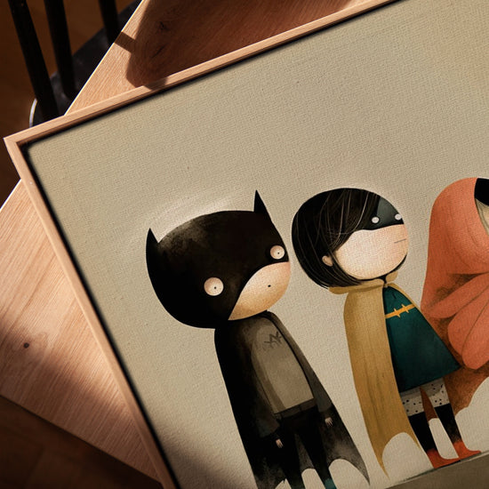 Kids superhero illustration wall art for Scandinavian home office decor