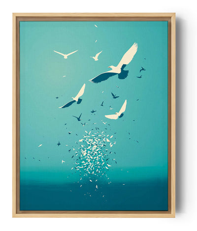 Grafische Illustration eines Schwarms weißer und dunkler Vögel, die sich über tiefem Blau verteilen und in einer Spirale zum klaren Himmel aufsteigen. Der Hintergrund ist schlicht und verstärkt das Gefühl von Freiheit und Leichtigkeit.