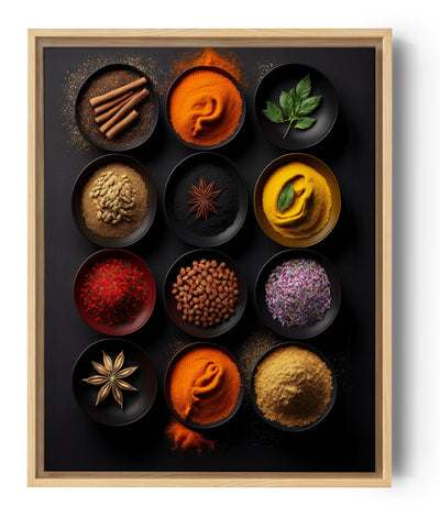 10 different spices in black bowls, overhead flat lay on a pure black background, hyper-realistic photo