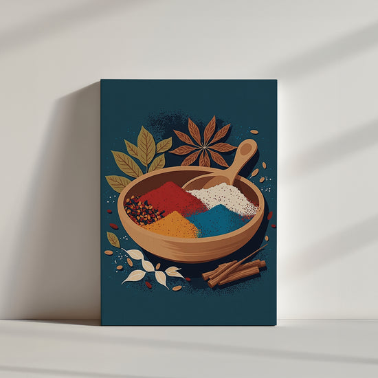 Modern flat vector poster of a bowl of Indian spices, 2D illustration in light beige and blue for kitchen decor