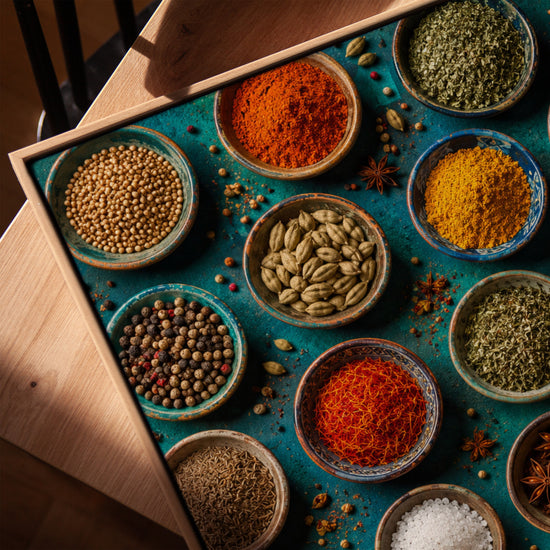 Tableau épices marocaines colorées cuisine décoration murale avec cadre chêne doré sur table