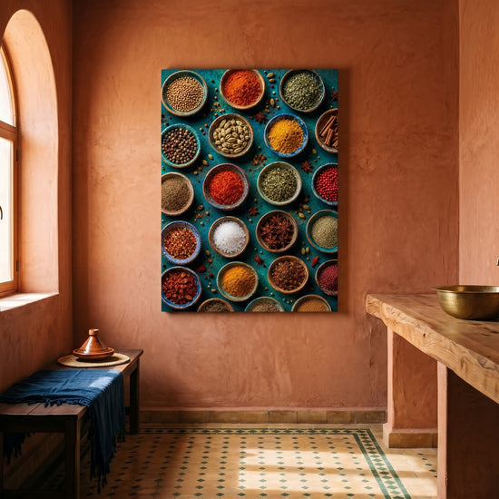 Tableau épices marocaines colorées pour décoration murale cuisine moderne ambiance orientale