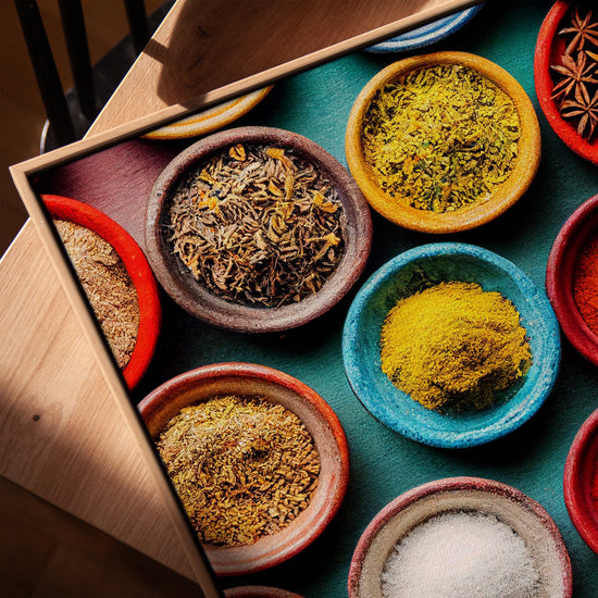 Tableau épices marocaines colorées pour cuisine moderne