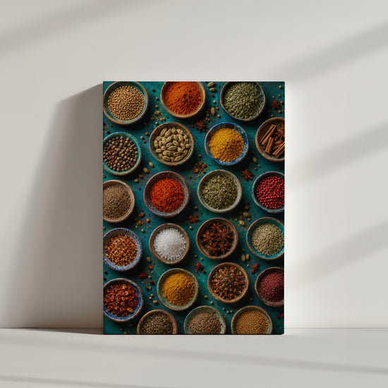 Tableau décoratif épices marocaines colorées sur toile texturée ambiance cuisine minimaliste