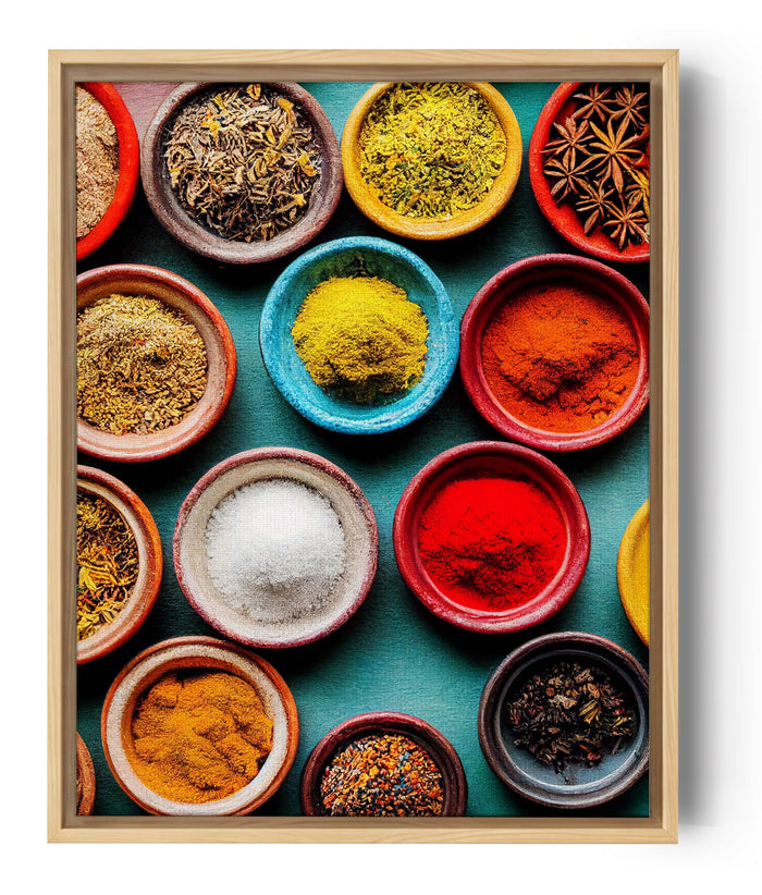 Poster cuisine épices colorées bols artisanaux déco murale art culinaire moderne