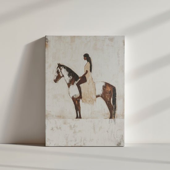 Minimalist horse wall art featuring a woman rider, earthy beige tones, contemporary decor