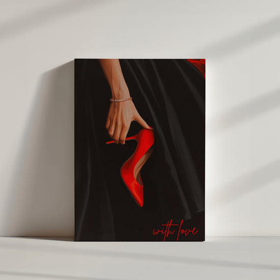 Woman's hand holding a bright red high heel stiletto with a black dress background; 'with love' text at bottom right
