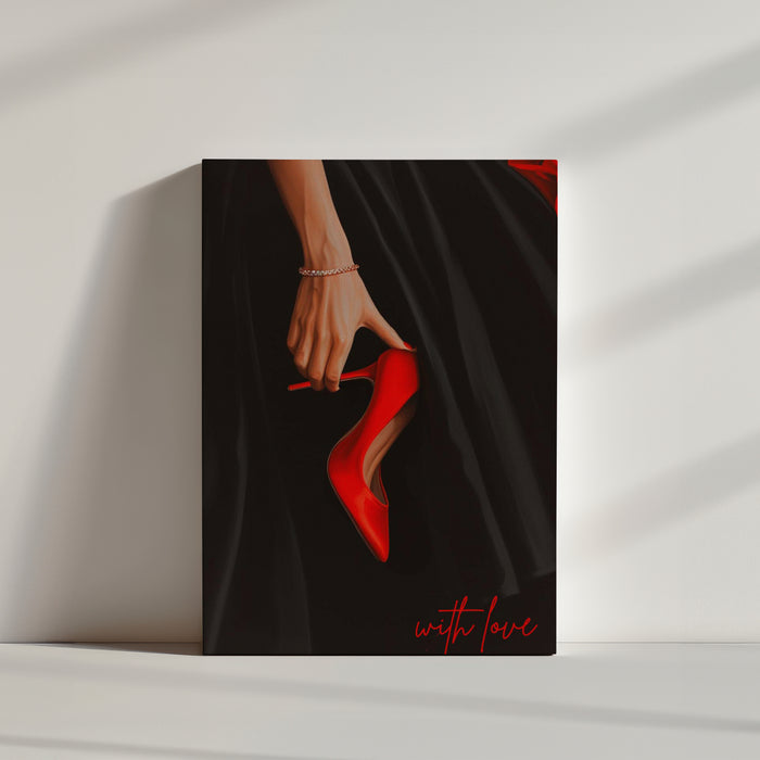 Woman's hand holding a bright red high heel stiletto with a black dress background; 'with love' text at bottom right