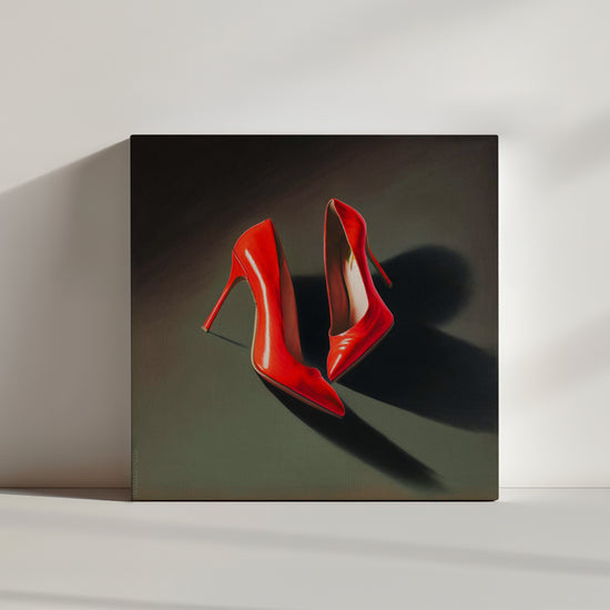 Custom Red High Heel Wall Art, vibrant canvas celebrating bold feminine style and timeless fashion