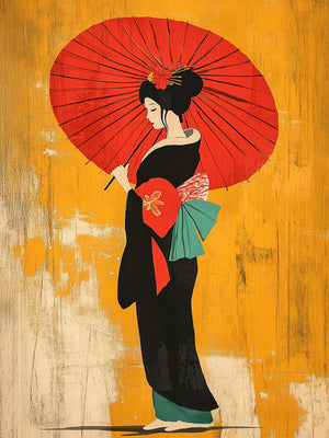 Geisha in black kimono with large red parasol against textured yellow background.