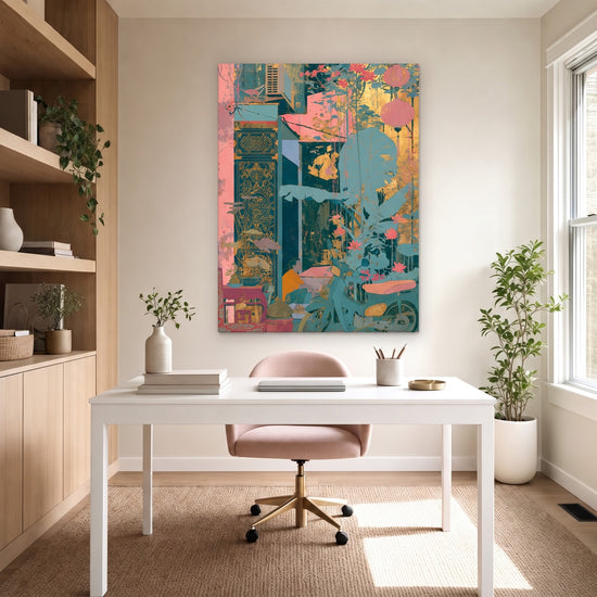 Tableau ethnique scène asiatique urbaine vélo lanterne motifs dorés pour décoration murale salon moderne