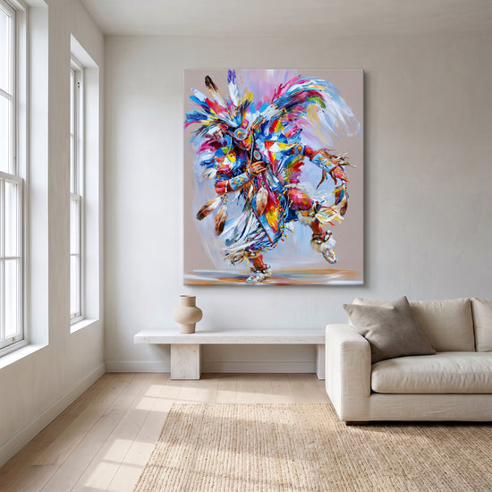 Tableau ethnique danseur amérindien plumes multicolores pour décoration salon moderne vibrant