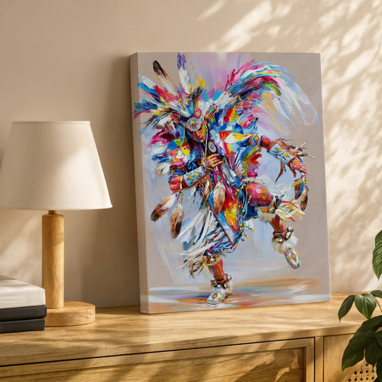 Tableau ethnique danseur amérindien plumes multicolores décoration salon moderne buffet chêne