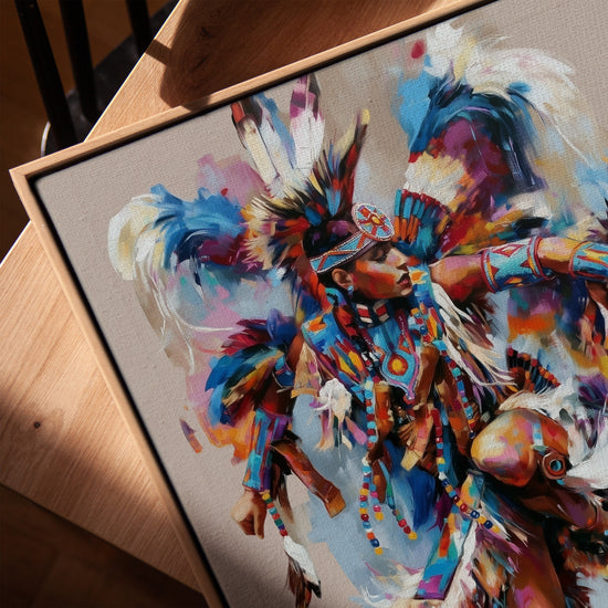 Tableau ethnique danseur amérindien costume plumes colorées pour décoration salon moderne