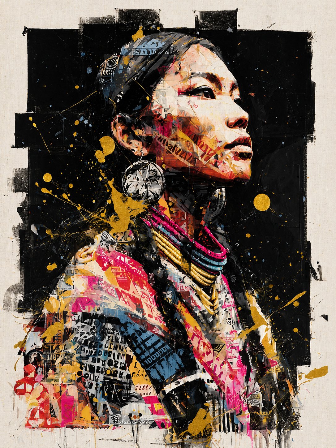 Tableau sur toile Femme Kayan - Street art ethnique doré et urbain