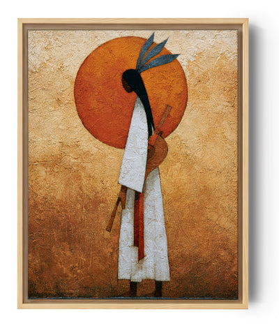 Lienzo decorativo mujer africana, sol anaranjado y texturas tierra, arte africano moderno