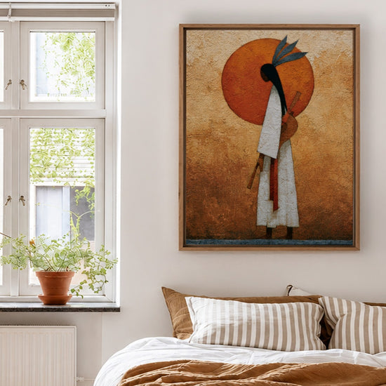 Tableau ethnique femme africaine soleil orange tons terreux décoration chambre adulte neutre