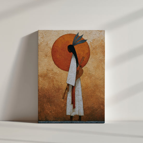 Tableau ethnique femme africaine devant soleil orange ambiance minimaliste mur blanc décoration moderne