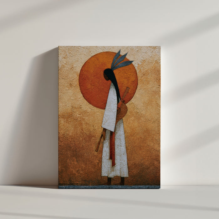 Tableau ethnique femme africaine devant soleil orange ambiance minimaliste mur blanc décoration moderne