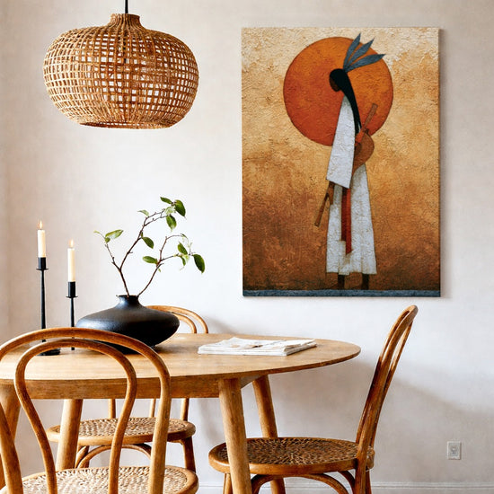 Tableau ethnique femme africaine soleil orange textures terreuses décoration salon salle à manger