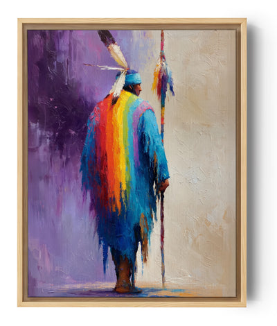 Tableau ethnique guerrier amérindien en cape multicolore arc-en-ciel et plumes style impressionniste
