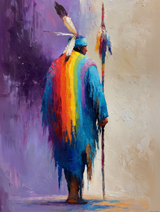 Tableau ethnique guerrier amérindien en cape multicolore arc-en-ciel et plumes style impressionniste