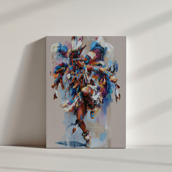 Tableau ethnique guerrier amérindien costume traditionnel coloré plumes, posé au sol ambiance minimaliste épurée