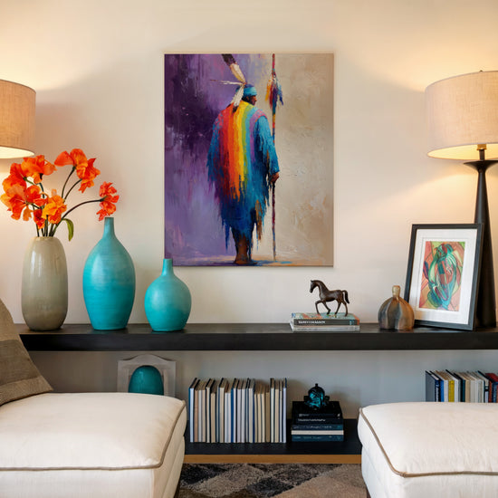 Tableau ethnique guerrier amérindien cape multicolore dans salon minimaliste décoration murale moderne