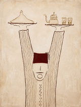 Tableau ethnique sur toile personnage oriental stylisé théière et plats tons beiges et bordeaux