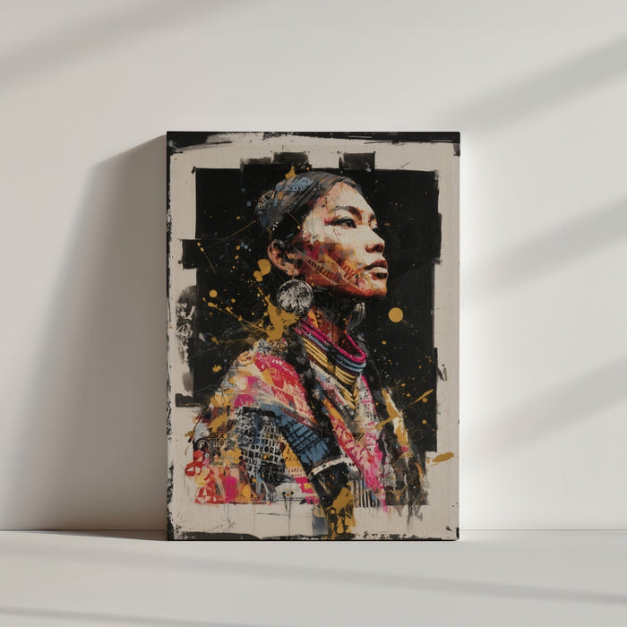 Tableau ethnique portrait femme parures tribales tons dorés fuchsia bleu ambiance minimaliste mur blanc