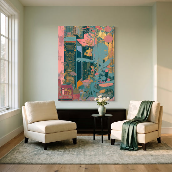 Tableau ethnique scène asiatique urbaine silhouettes vélo lanterne motifs dorés bleu rose décor salon moderne