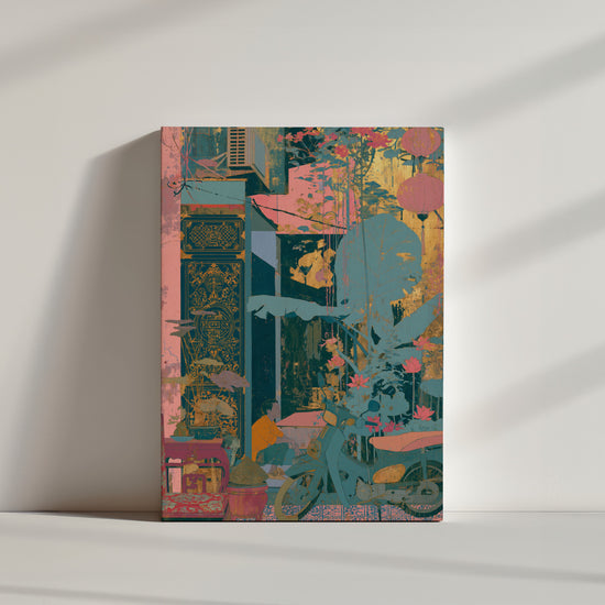 Tableau ethnique scène asiatique urbaine vélo lanterne motifs dorés bleu rose ambiance minimaliste épurée