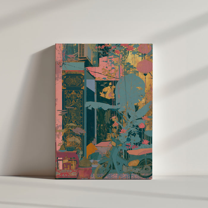 Tableau ethnique scène asiatique urbaine vélo lanterne motifs dorés bleu rose ambiance minimaliste épurée