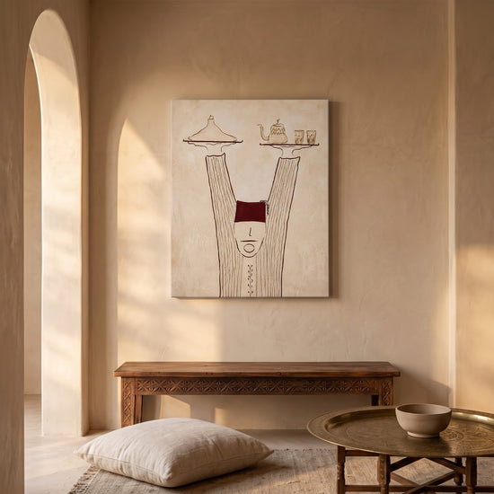 Tableau ethnique serveur marocain stylisé thé tajine tons beiges bordeaux décoration murale