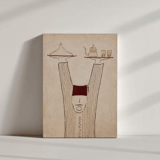 Tableau ethnique serveur marocain théière et plats décoration murale minimaliste tons beiges