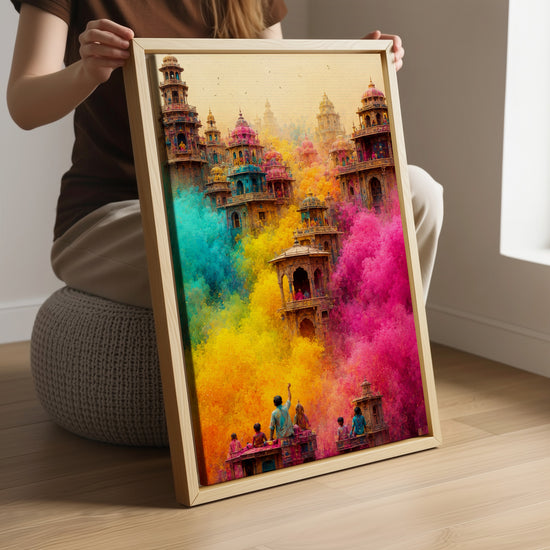 Tableau ethnique temples indiens poudres Holi colorées décoration murale salon moderne