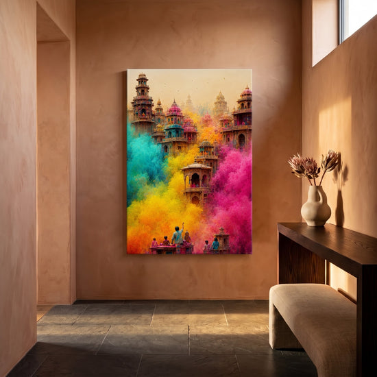 Tableau ethnique temples indiens et poudres Holi colorées décoration murale salon ambiance festive