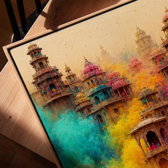 Tableau ethnique temples indiens et poudres colorées Holi sur toile décoration salon moderne