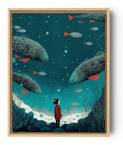 Meer-Wandbild fürs Kinderzimmer - poetische Illustration des Lebens unter Wasser mit einem jungen Mädchen, das in die Tiefen blickt