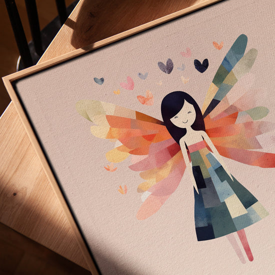 Magical fairy pastel wall art for living room in a golden oak frame