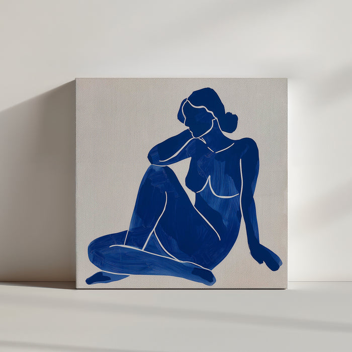 Abstract seated woman painting in dark blue tones on canvas, modern wall art