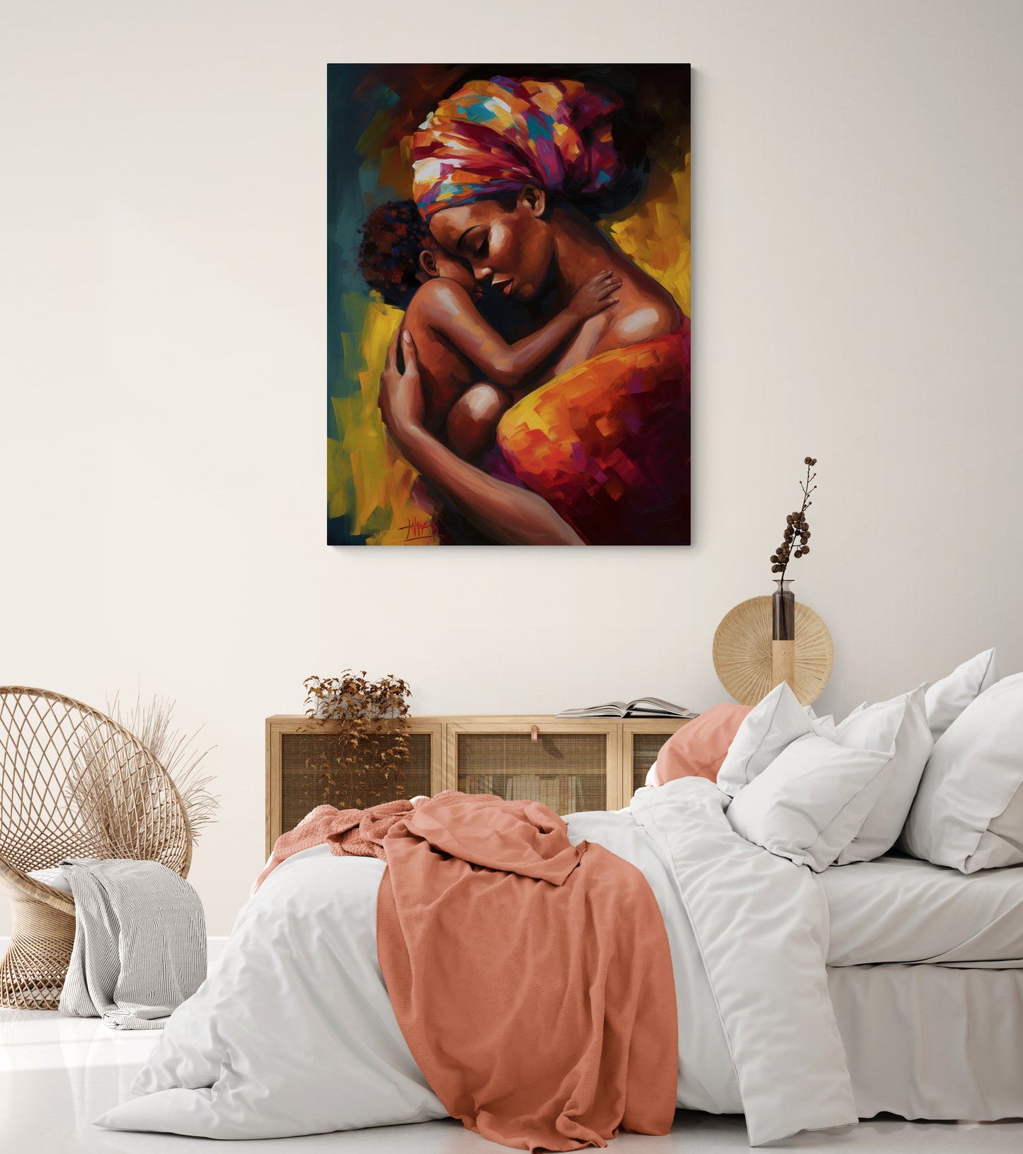 décoration murale pour chambre parentale, reproduction peinture maman africaine et son enfant
